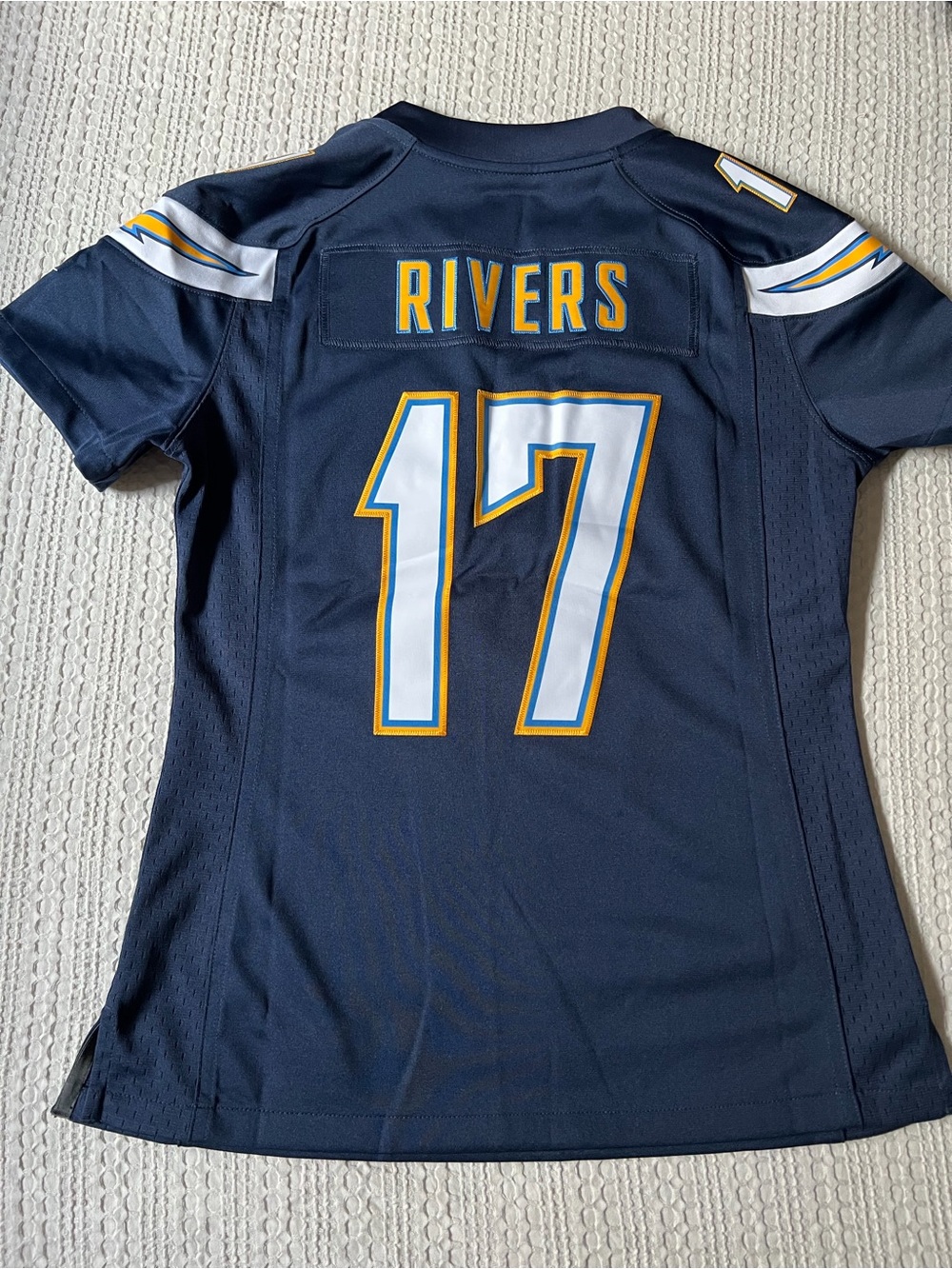 Nike Navy Chargers #17 Women’s Football Jersey with White & Gold Accents